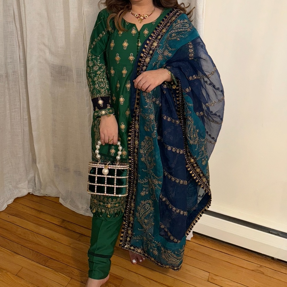 Elegant Green and Blue Pakistani Embroidered Maria B Outfit